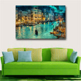 A small town at night Moat building Handmade Oil Painting Canvas Wall Art