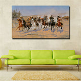Frederic S. Remington "A Dash for the Timber" print on oil painting (31x54in)