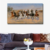 Frederic S. Remington "A Dash for the Timber" print on oil painting (31x54in)