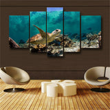 Blue 5 Panel Wall Art Painting Underwater Turtle Prints On Canvas Picture Animal