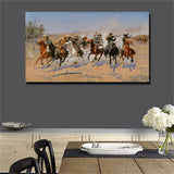 Frederic S. Remington "A Dash for the Timber" print on oil painting (31x54in)