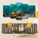 Blue 5 Panel Wall Art Painting Underwater Turtle Prints On Canvas Picture Animal