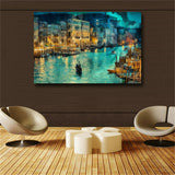 A small town at night Moat building Handmade Oil Painting Canvas Wall Art