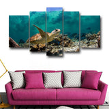Blue 5 Panel Wall Art Painting Underwater Turtle Prints On Canvas Picture Animal