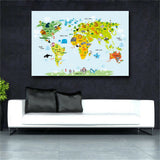 Nordic Modern Children Kawaii Cartoon Animals World Map, Canvas Print Painting